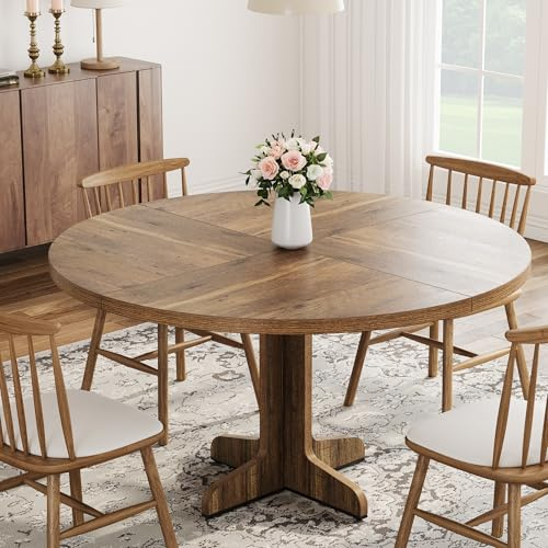 Mesa de comedor redonda, mesa de comedor de 120 cm con tapa y patas de madera, mesa de comedor de granja con base de madera, mesa de cocina rústica para 4-6 personas, mesa grande para salón, balcón