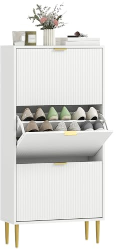HOMCOM Meuble à Chaussures 18 Paires, Armoire à Chaussures étroite Moderne avec 3 tiroirs rabattables, Portes cannelées et étagères réglables, pour Couloir et entrée, 60 x 24 x 122,5 cm, Blanc