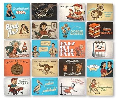 FUNNY DEMOTIVATIONAL postcard set of 21 for mailing. Post card variety pack with one surprise postcard and twenty retro nostalgic theme postcards. Made in USA. Bulk Blank 4 x 6 inch Assorted Blank Note Cards Greeting Cards 21 Designs