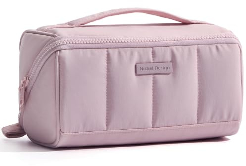 NISHEL Travel Makeup Bag for Women, Fluffy & Lightweight Open Flat Cosmetic Organizer with Multiple Functional Divider for Brush Independent Storage, Handle for Easy Portability, Peach-Pink
