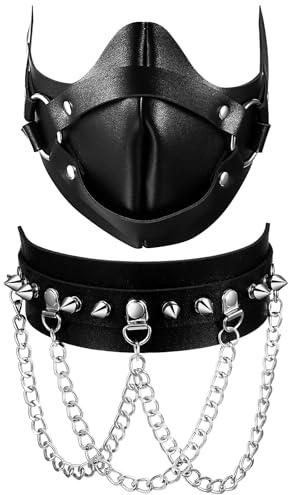 JewelryWe Ensemble Masque et Choker Femme: Demi-Masque Bal Masqué Noir Sexy Cuir avec Ras-du-Cou Chaîne et Rivet Gothique Punk, Déguisement Halloween, Carnaval ou Soirée, Mascarade