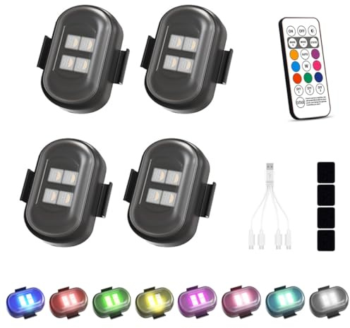 4 lumières stroboscopiques LED sans Fil,LED Voiture Interieur avec télécommande,LED Trotinette Electrique 8 Couleurs pour Voiture,Moto,vélo,voiturette de Golf et Drone.