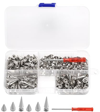 110 Sets Kegel-Nieten mit Schraubendreher, Silber, 3 Größen – Schraubnieten aus Metall für Kleidung, Leder, DIY, Taschen, Schuhe, Deko (Breite 7 mm, Ø 10/14/20 mm)
