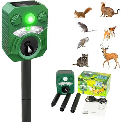 Joomouney Repellente per gatti, deterrente per gatti per giardini nel Regno Unito, deterrente a ultrasuoni con sensore PIR e flash 5 modalità di regolazione, IPX4, ricarica solare USB per cani, volpi