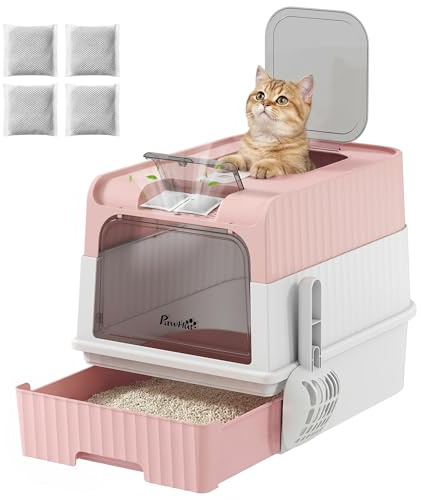 PawHut Cat Litter Box with Lid, Hooded Cat Litter Box with Pull-Out Drawer Tray, Scoop, Front Entry & Top Exit, 4 Deodorization Bags, Easy to Clean, Pink