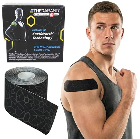 THERABAND Kinesiology Tape, Waterproof Physio Tape for Muscle & Joint Support, Standard Roll with XactStretch Application Indicators, 2 Inch x 16.4 Foot Roll, Black/Gray