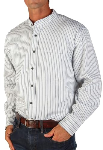 The Celtic Ranch Traditional Collarless Grandfather Shirt, Men's Long Sleeve Dress Shirt (Blue/White Stripe, M)