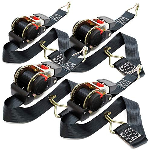 Wiltec Automatik Zurrgurt 4er Set 750 daN Zuglast 3 m x 50mm PES Spanngurt mit S-Haken selbstaufrollend, ideal für Autotransport