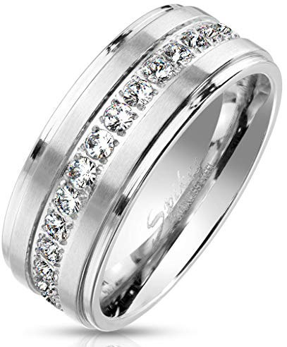 Paula & Fritz® Ring Damen gebürstete Streifen klare Zirkonien 316L Chirurgenstahl Größe 59 (18,8) Silber Verlobungsring Bandring Partnerring Ehering