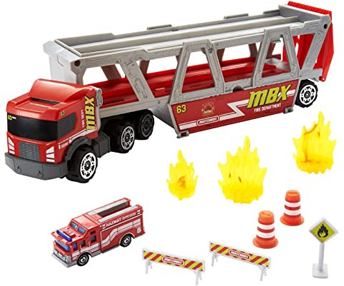 Matchbox HHJ12 - Feuerwehr-Rettungswagen Spielset, 1 Feuerwehr- Fahrzeug, Platz für 16 Autos, leicht lösbare Rampe, 8 Zubehörteile und Aufbewahrungsmöglichkeit, Autospielzeug für Kinder ab 3 Jahren