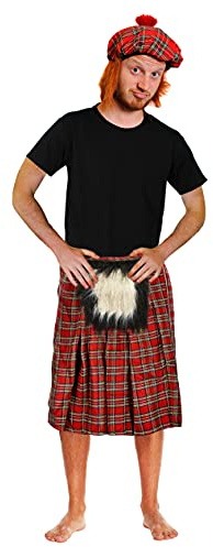 I LOVE FANCY KLÄNNING Vuxna Scotsman kostym - Red Tam O' Shanter-hatt med hår inuti och skotsk kilt - perfekt för brännbara kvällar och skotska firanden