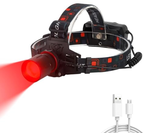 Linterna Frontal LED Recargable, Superbrillante, Luz Blanca y Roja Zoom 4 Modos de Iluminación Linterna Cabeza