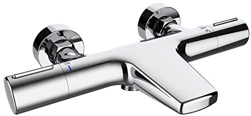 ONECE Rubinetto Vasca da Bagno in Ottone, Miscelatore Doccia Termostatico, con Pulsante di Sicurezza a 38°C, Rubinetti per Doccia-Vasca con Due Uscite D'acqua, Aeratore Antispruzzo, Cromato