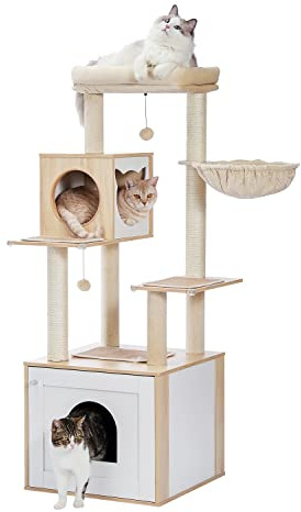PAWZ Road Arbre à chat moderne en bois avec armoire de rangement, litière pour chat, enclos et spacieuse maison pour chat. Grande perche supérieure et hamac. Beige