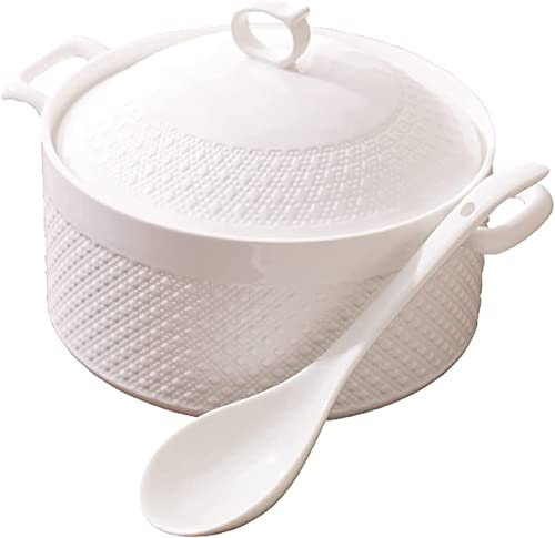 Soup Bowls with Handles Noodle Ramen Curry Bowl,Ceramic Serving Soup Bowls with Soup Ladle and Lid,Double Handle White Soup Terrine Soup Bowls Made for Reataurant Kitchen Home,B,2400ml ( Color : Oneco