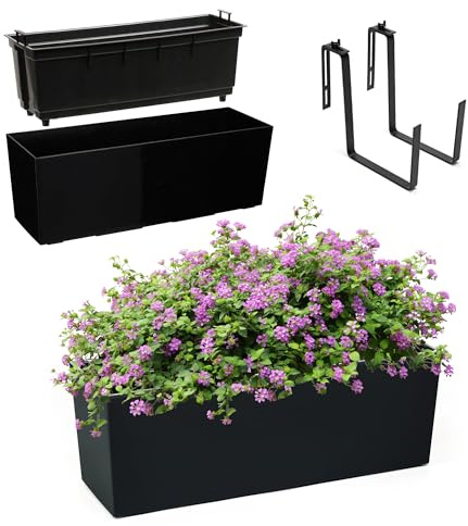 KADAX Blumenkasten 18,5x56 cm, Glattemuster, Schwarz, mit Halterungen, mit Einsatz – wetterfester rechteckiger Pflanzkasten für Balkon und Outdoor
