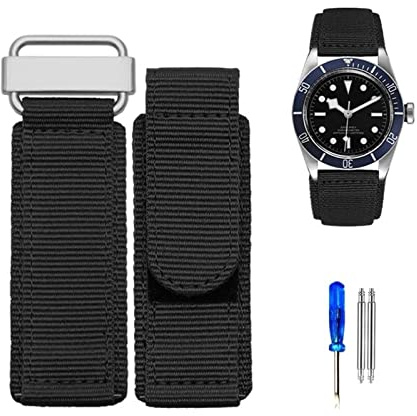 HEPUP 22 mm 24 mm Nylon Uhrenarmband für Seiko Tudor Rolex BR Klettverschluss Sport Armband Stahlschnalle NATO Armband Schwarz Blau, 22 mm, Achat