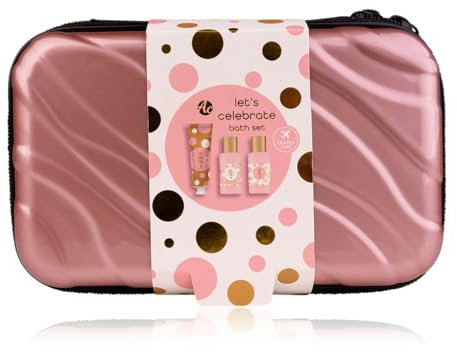 accentra - Let's celebrate Set regalo da donna in custodia rigida – Set da bagno e doccia con rosa e velluto con gel doccia, lozione per il corpo e shampoo – Set da viaggio per donne e ragazze