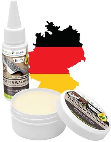 HeliaCARE Messer Pflegeset 2-teilig - BIO Messeröl & Bienenwachs Balsam - Messerpflege Set für Klinge & Griff - Hochwertiges Pflegeöl für Holzgriffe & Lederscheiden - Premium Klingenöl aus Deutschland