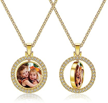 PiercingJak Charms Halskette beidseitig Foto Gravur Drehbar Rund Anhänger mit Strass 28 Kette Personalisierte Geschenke für Freundin Partner Familie, Silber/Gold