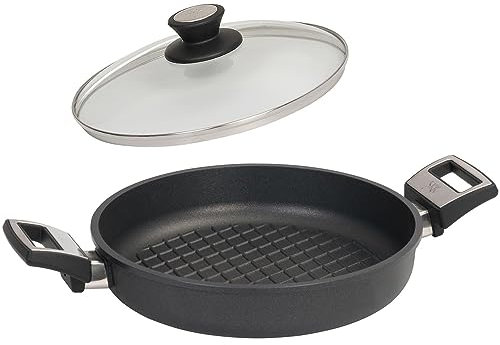 SKK BBQ Paella Bratpfanne Ø 28 cm - ohne Induktion - Antihaft Aluguss Pfanne mit 2 seitlichen Griffen & Deckel mit Edelstahlrand - Made in Germany