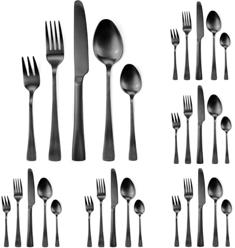 Targizer Besteckset 6 Personen,30-teiliges Schwarz Matt Besteck Set aus Hochwertiges Edelstahl,Schwarzes Besteck Essbesteck Set Mit Messer Gabel Löffel,Schwarzes Cutlery Set,Spülmaschinenfest