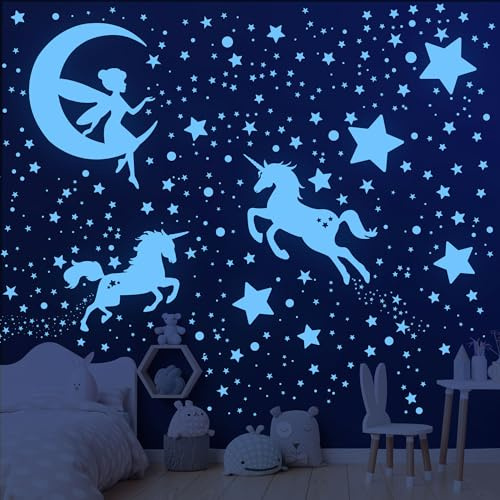Leuchtsterne Kinderzimmer,Wandtattoo Einhorn,Leuchtsterne Selbstklebend | Wandsticker,Wandtatto Kinderzimmer,Mädchen Fluoreszierend Aufkleber Einhorn Wanddeko,für Kinderzimmer,Schlafzimmer Wohnzimmer