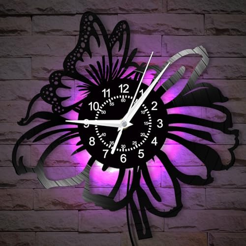 Timeglow Flowers with a Butterfly Wall Clock, 7 Colors Luminous 12 Inch Night Light Wall Lamp Clock, Silent Quartz Non Ticking Modern Decorative Vinyl Record Wall Clock for Girls Room Garden Park Gift
