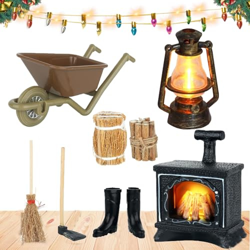 Johiux Wichtel Zubehör Weihnachten LED Wichtel Feuerstelle Miniatur Petroleumlampe Wichtel Lichterkette Miniatur,Puppenhaus Wichtel Kamin Miniatur Stadtflamme Mini Lagerfeuer Wichtel Zubehör.
