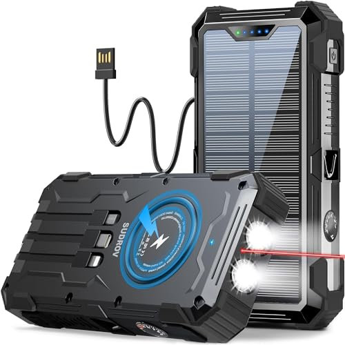 Sudrov Power Bank Cargador inalámbrico 42800mAh integrado 4 cables siete salidas 15W banco de energía de carga rápida para todos los dispositivos móviles, tres entradas cargador solar portátil con