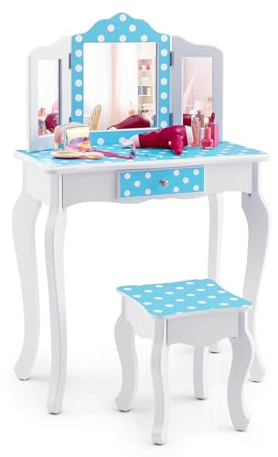 LIFEZEAL Set Toletta per Bambini, Toletta Infantile con Sgabello, Toletta con Specchio Pieghevole e Coperchio Rimovibile, Toletta Regalo per Ragazze dai 3 ai 7 Anni (Stile 6)