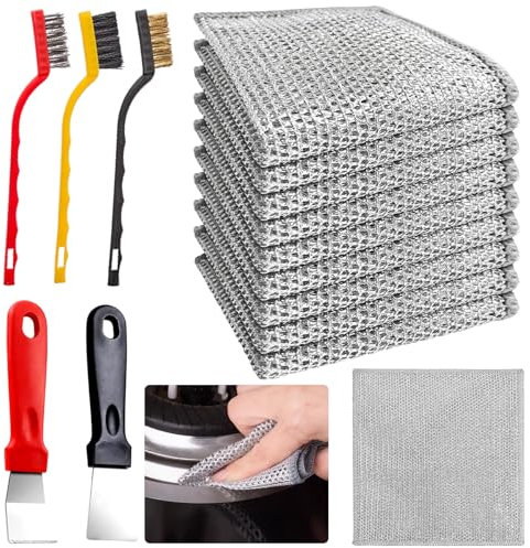 UZSUZZ 15PCS Multipurpose Wire Dishwashing Rags For Wet And Dry, Double Layer Wire Dishwashing Cloths, with 3 brushes and 2 spatula, Non-Scratch Wire Dishcloth Cleaning Cloths for Kitchen