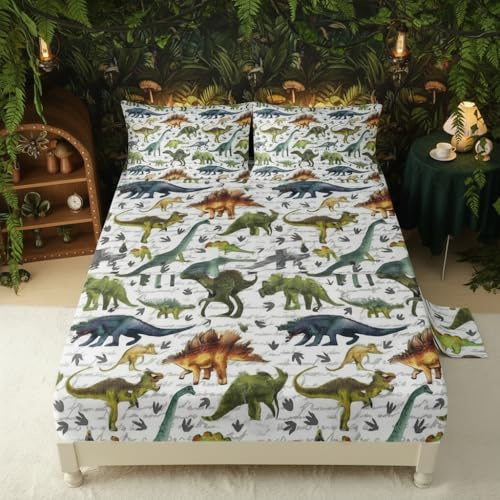 QOOMO Dinosaur 4 Piece Kids Sheet Queen Size,Jurassic Dinosaur Bedding Sheet Set,Boys Printed Flat Sheet Fitted Sheet with 16 Deep Pocket,100% Microfiber Ultra Soft and Skin Friendly