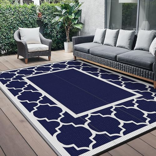 GENIMO Outdoor Rug Waterproof Reversible Washable Blue and White 275x365cm | Large Recycled UV Resistant Modern Area Garden Carpet,Camping Mat, for Patios, Picnic, Backyard and Balcony