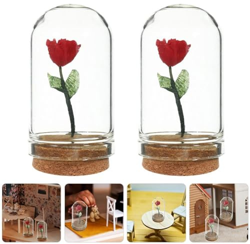 Ylapagne 2 PCS Fake Mini Boots Miniature Decorations Glass Cloche Mini Eternal Resin Red Rose Flower in Glass Dome Model for DIY Micro Landscape Crafts Flower