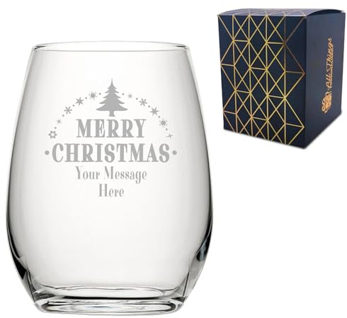 Personalised Engraved Novelty Christmas Stemless Wine Glass with Merry Christmas Tree Design, Customise with Any Name or Message, Gift Box Included, Laser Engraved