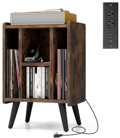 GOPLUS Soporte para Tocadiscos con Estación De Carga, 4 Compartimentos De Almacenamiento Y Patas De Apoyo Elevadas, Soporte para Discos De Vinilo para Sala De Estar, Oficina (Marrón)