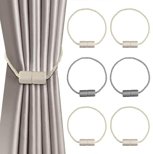 6 fermatenda magnetici per tende, fermatenda magnetic con fibbie, fermatenda per tende decorative, cravatte con più spesse torsione e forte cravatta magnetica posteriore per tende (4 beige e 2 grigi)
