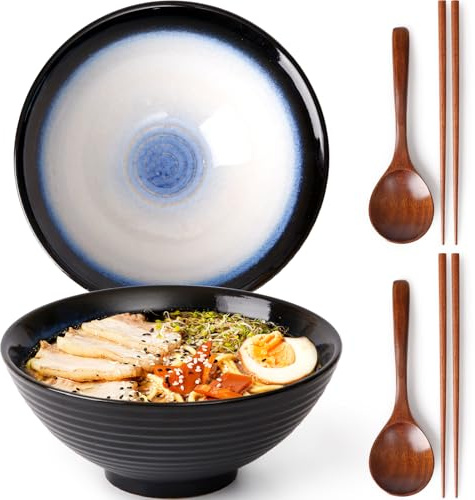 NUTRIUPS 2 x 1200ml Ramenschüssel aus Keramik mit Essstäbchen und Löffeln, 20cm Bowl Schüssel Suppenschüssel Groß，Katzenauge blau