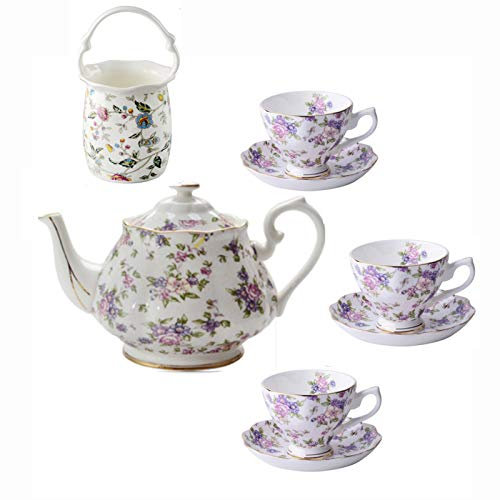 KWMAEEUID Teeservice für Erwachsene, Kaffeetassen und Untertassen, Kaffeetassen-Set aus Knochenporzellan, rosafarbene Teekanne mit Alten Landrosen und Löffelhalter für den Nachmittagstee, B (B)