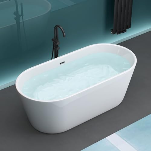 Mai & Mai Freistehende Badewanne aus Acryl inkl. Push-Open Ablaufgarnitur | Oval Standbadewanne 170x80cm in Weiß Vicenza520-OA