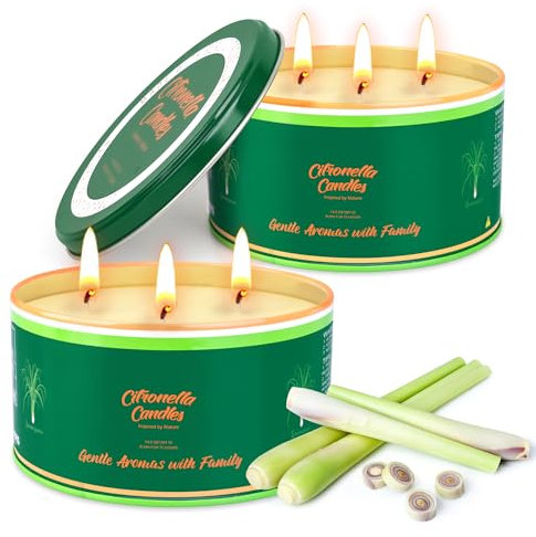 Candela Alla Citronella da Esterno Grande, 2 x 14OZ Candele da Giardino a 3 Stoppini 200 Ore di Combustione, Candele Naturali in Cera di Soia per Campeggio, Patio, Giardino, Piscina