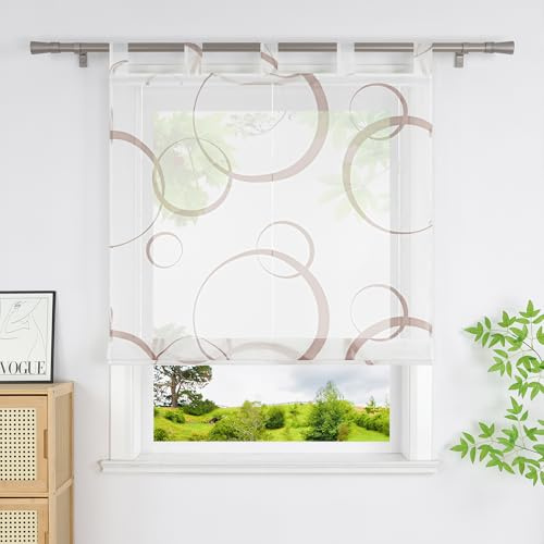 Heichkell Transparent Raffrollo, Rollo mit Kreis, Braun BxH 120x150 cm | Raffgardine mit Schlaufen, Moderne Gardine ohne Bohren