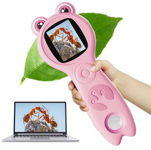 Vorth Mikroskop für Kinder, 2-Zoll-Digitalmikroskop mit 500-facher Vergrößerung, 4 Fach-Zoom-Handkamera, Mini-Taschenlupe, Naturwissenschaftliches Lernspielzeug 3+, Rosa