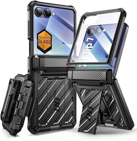 SUPCASE for Samsung Galaxy Z Flip 7 Case with Built-in Stand & Belt-Clip (Unicorn Beetle Pro), [Hinge Protection] [Front Tempered Glass Screen Protector] Full Body Military-Grade Phone Cover, Black