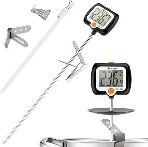 Digital Candy Thermometer with 180° Rotating LED Screen, 304 Stainless Steel Probe, Heat Shield, 2 Pot Clips, Accurate Sugar & Deep Fry Thermometer – Black
