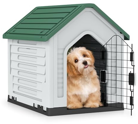 COSTWAY Niche pour Chien Exterieur Interieur, Porte Verrouillable Amovible, Toit Incliné, Cage Chien Chat en PP, Aérations à 3 Côtés, Trous de Drainage, pour Chiot Chat Lapin, 66,5 x 52 x 60cm (Vert)