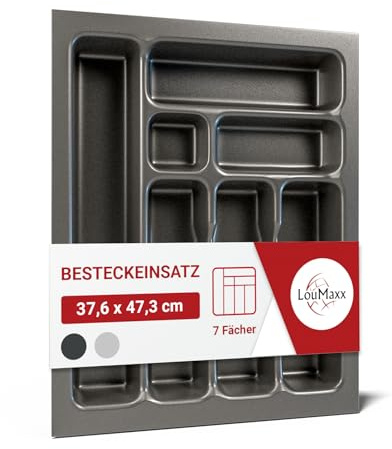 LouMaxx Besteckeinsatz für 45 cm breite Schubladen - Besteckkasten 47,3 x 37,6 cm Made in Germany, basaltgrau mit 7 Fächern und stabilen Ecken - bruchfest & langlebig