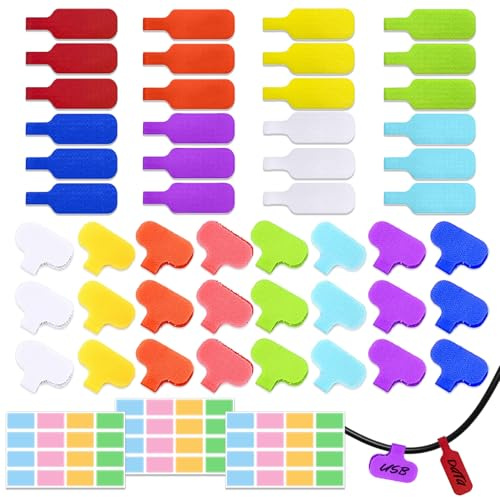 AMFUN 48 Stück Kabelbeschriftung, Nylon Kabeletiketten Kabel, Wiederverwendbare Kabeletiketten, Clip Klettverschluss Kabelmarkierer für Kabel, Drähten