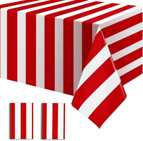 NimblusToy Tovaglie A Righe Rosse E Bianche, Tovaglia di Carta Rotolo per Feste, in Plastica, 137 x 274 cm, in Plastica, per Feste in circo, Serate Cinematografiche, Compleanni dei Bambini, 2 Pezzi